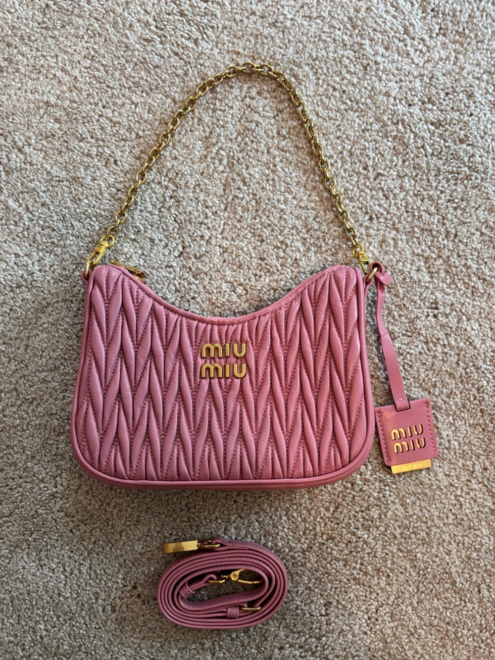 Miu Miu Rose Pink Matelassé Leather Shoulder Bag with Gold Hardware